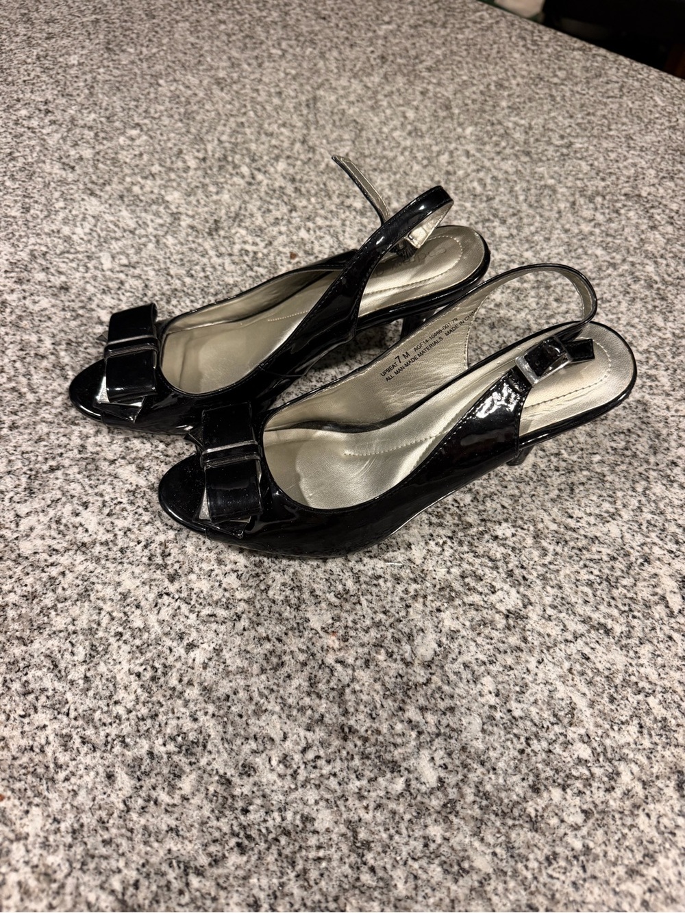 Andrew Geller Black Patent Slingback Peep-Toe Heels with Bow Accent